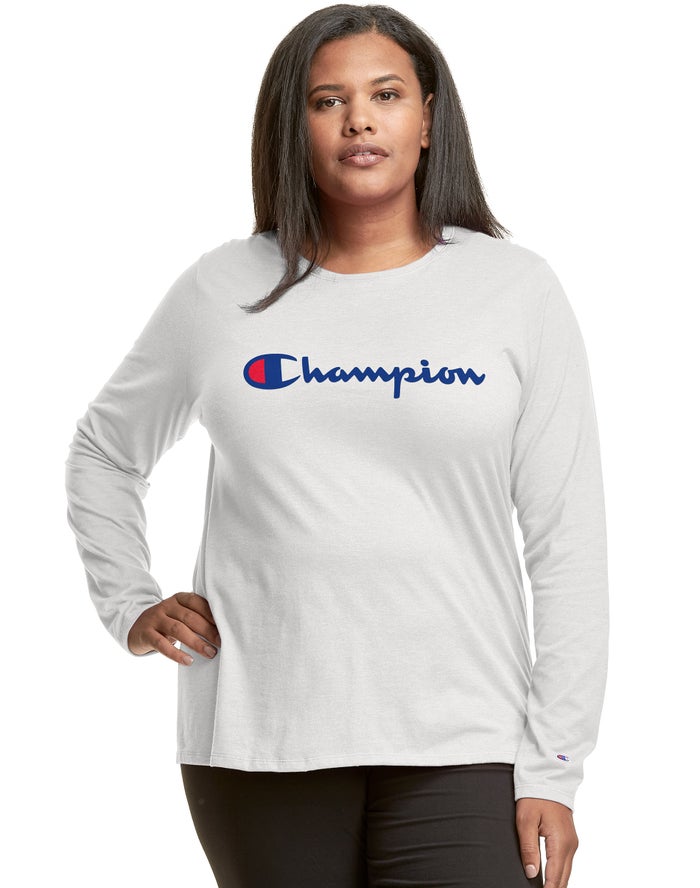 Champion Womens T-Shirt NZ - Plus Classic Long-Sleeve Script Logo White ( 9054-SVGTN )